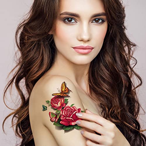 פרחי זיטיאני מדבקות קעקועים זמניות, ורדים, פרפרים ורב-צבעי סגנון מעורב בסגנון מעורב, קעקועים זמניים לנשים, בנות