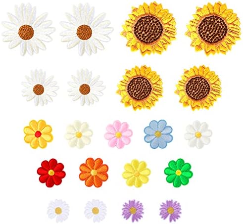 21 יחידות פרחים רקומים מגהץ על טלאים, טלאי פרחים אפליקציות טלאי חינניות חמניות קישוט טלאי טלאי תפירה