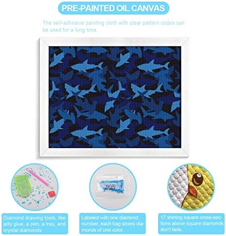 כרישי קאמו כחולים ערכות ציור יהלומים מסגרת תמונה 5D DIY מקדחה מלאה ריינסטון אמנויות עיצוב קיר למבוגרים עץ לבן