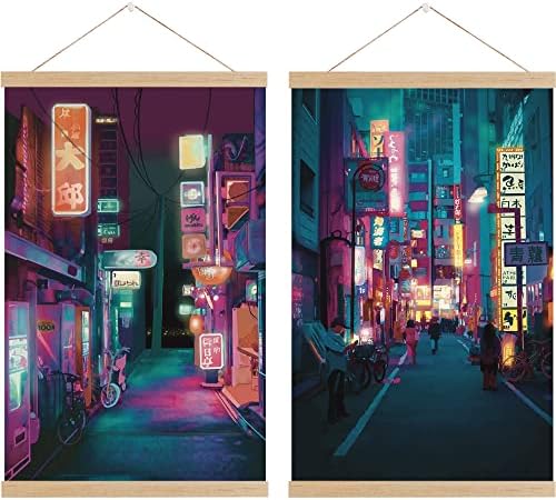 יפן פוסטר מסגרת מסגרת קולב סט של 2 - יצירות אמנות הדפס יפניות על רול קנבס - טוקיו אנימה קיר אמנות מתנה - מתנה