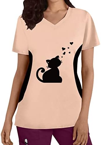 חולצות לנשים מקרית קיץ נשים בתוספת גודל למעלה צווארון קצר שרוולים חתולים הדפסי חולצה חולצה ארוך שרוול