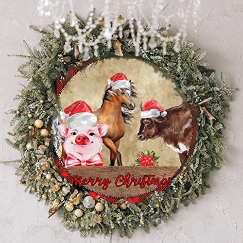 חווה חזיר פרה סוס פרה תרנגול עץ שלט קיר וינטג 'חג המולד אדום משובץ חווה חיה חיה כפרית שלטים כפריים חג המולד