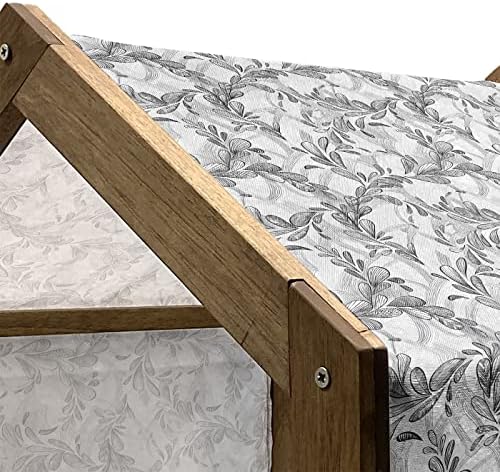 Ambesonne Grunge בית כלבים מעץ, קו מונוכרום סגנון אמנות משאיר דפוס פרחוני טבעי עיצוב מודרני מרושם, מלונה