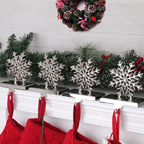 סט של 4 מחזיקי גרב של פתית שלג לחג המולד למעטפת, 3D Sliver 8 פינות פתית שלג וו גרב גרביים קישוטי חג המולד
