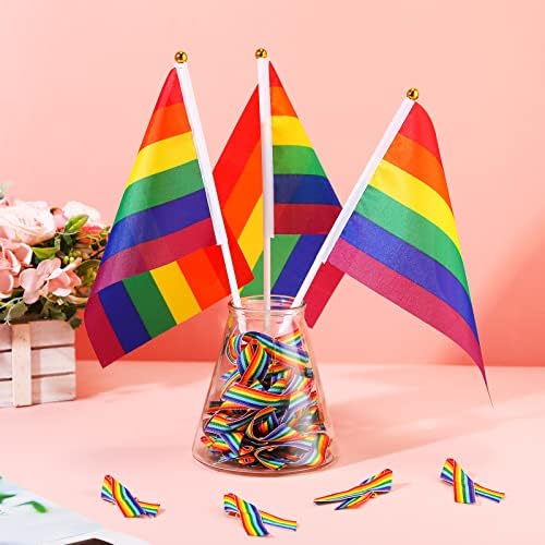 100 חתיכות מתנות להטבים כוללות 50 איחוד קשת גאווה סיכות סרט סיכות ו 50 יח 'דגל מקל גאווה הומוסקסואלית
