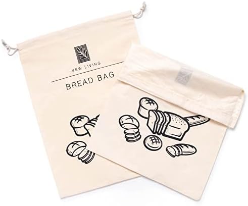 שקית לחם בגודל 44 על 35 סמ / כותנה מוסמכת עם בטנת פלסטיק בטוחה למזון שקית לחם / יחיד או 2 מארז / גורם