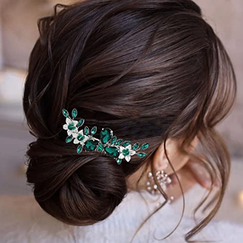 פלסר ירוק קריסטל הכלה שיער קומבס כסף פרחי חתונה שיער צד קומבס ריינסטון כלה שיער אביזרי עבור נשים