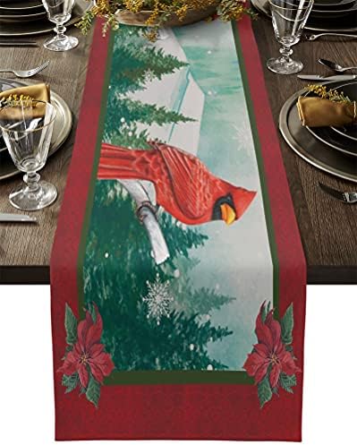 שמש-ברק חג המולד רץ לשולחן מושלג יער ואדום קרדינל ציפור שולחן רצי פשתן יוטה שידת צעיפי עבור מטבח
