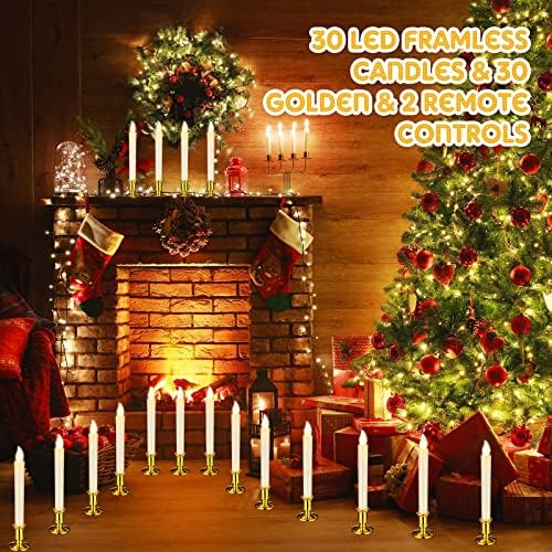 30 הגדר נרות חלון חג המולד עם מחזיקי זהב נרות נרות LED ללא נרות נרות המופעלים על סוללה עם טיימר מרחוק נרות