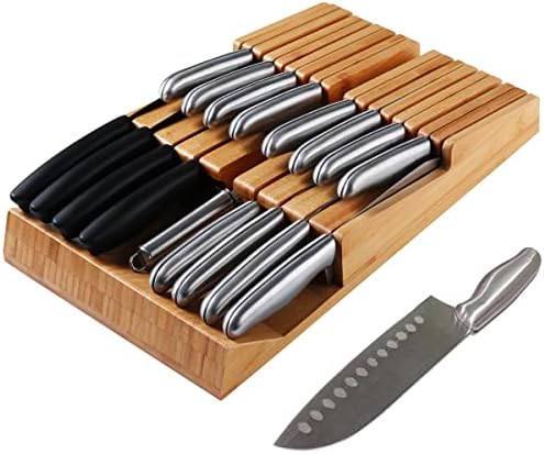 Niuxx בלוק סכין עם 16 סכינים, מארגן סכין במבוק לסכיני סטייק, סכיני שף ומחדד, בעל סכום עם חריצי סכין ניתנים, סכיני