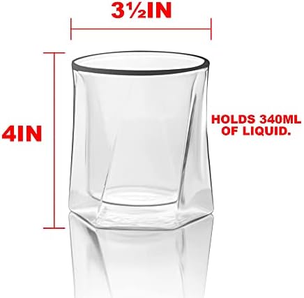 כוסות וויסקי קיר כפול למונסודה-עיצוב משושה-סט של 4-300 מיליליטר-כוסות וויסקי אלגנטיות לסקוטש, סינגל מאלט-זכוכית
