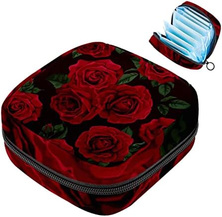 שקית אחסון מפיות סניטרית, תיק תקופת, תיק טמפון, שקית איפור, דפוס עלה ורד פרח אדום