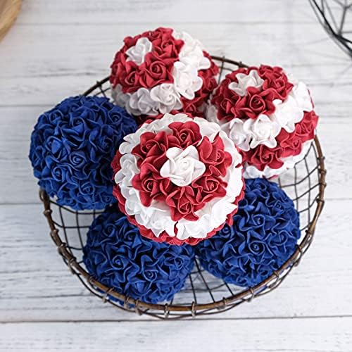 6 יחידות 3.5 אינץ 'כדורי תפאורה כחולים אדומים כדורי פרחים כדורי פרחים יום דגל אמריקאי יום אמריקאי יום