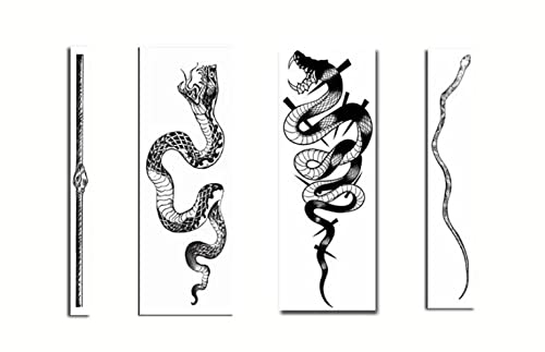4 סדין כן, נחש שחור שנחש שחור קעקועים זמניים לגברים זרוע צוואר גוף גוף ארט עמיד למים מדבקות קעקוע