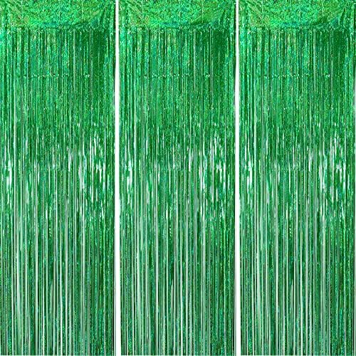 פונינקריאה 2 מארז וילונות שוליים מטאליים מנייר כסף, וילון סטרימר תלוי ירוק בגודל 3.28 על 6.56 רגל, רקע לתא