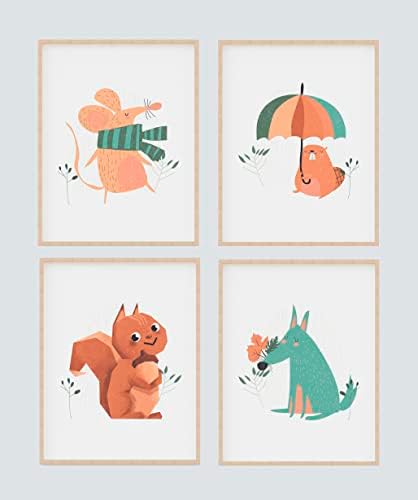 סט של 4 צבעוני שמח מתרפק יער חברים משתלת הדפסי, סנאי זאב עכבר ובונה קיר אמנות כרזות, מצחיק חברים לילדים