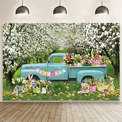 רנייס פסחא רקע 7 * 5 רגל ויניל בציר רכב כחול משאית ארנב אביב פרח צבעוני פיקניק מסיבת צילום רקע