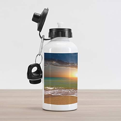 בקבוק מים אלומיניום של Ambesonne Sunset, נוף אידילי בחוף הים עם שמיים דרמטיים מגדילים שמש ונוף