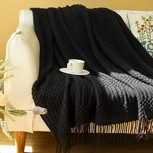 שמיכה לזרוק סרוג בלגית לספה, מיטה וספה. שמיכה סופר רכה עם גדילים, שמיכת זריקה שחורה, 60 x 80 אינץ