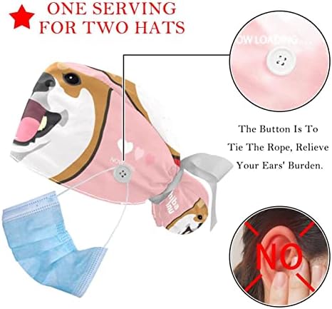 2 מחשבים אחות קרצוף כובעים נשים שיער ארוך, כלב חמוד מצויר תחש כובע עבודה מתכוונן עם כפתור ורצועת זיעה