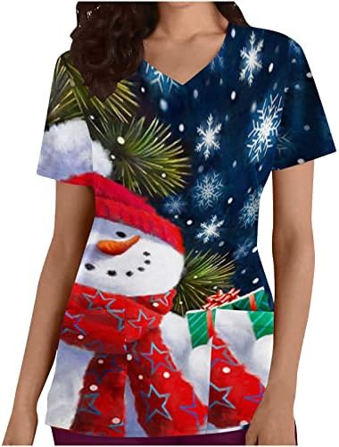חולצות קרצוף לחג המולד לנשים בגדי עבודה עם כיסים חולצות עבודה לחג סתיו סקראבס עטיפה מדומה שרוול