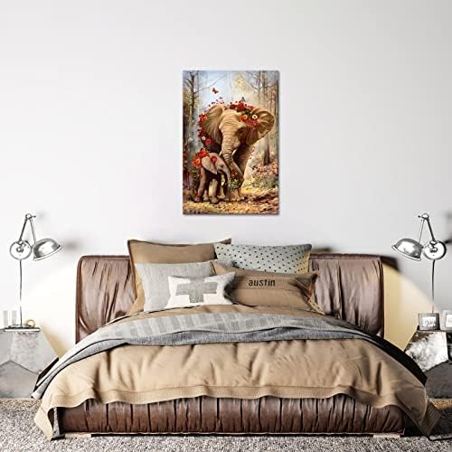 בציר פיל ציור קיר אמנות פראי בעלי החיים פיל אמא ותינוק ביער פרח פרפר נוף תמונה יצירות אמנות לבית סלון נמתח