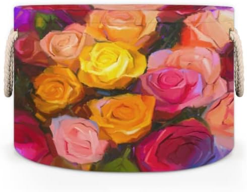 ורד פרחוני צבעוני סלים עגולים גדולים לאחסון סלי כביסה עם ידיות סל אחסון שמיכה למדפי אמבטיה