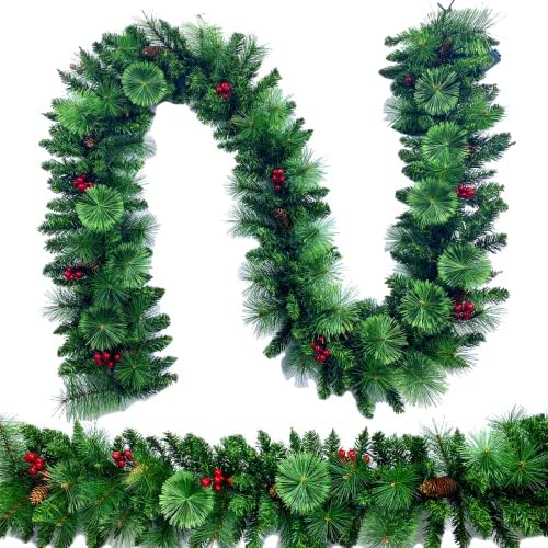 גרלנד חג המולד 9 רגל עם מחט אורן ופירות יער אדומים, זרום חג המולד מלאכותי, עיצוב חג המולד לחוץ מקורה