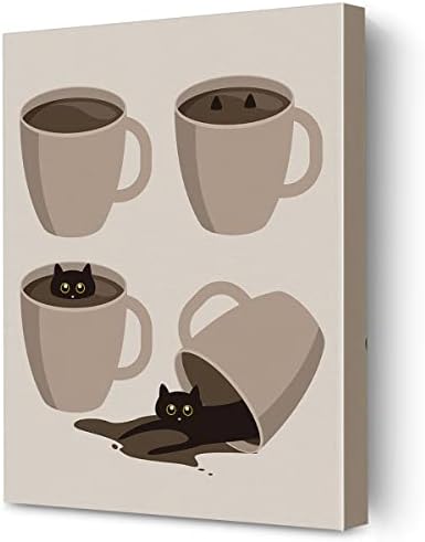 חתול וקפה ממוסגר קנבס תמונה אמנות קיר מטבח, קפה שחור קפה קפה ציורי הדפסה פוסטר 12 x 15, עיצוב קיר מושלם