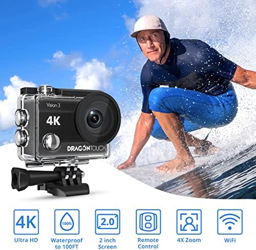 דרקון מגע 4K מצלמת פעולה עם מארז אטום למים 20MP ראייה 3 Ultra HD מתחת למים 100ft מצלמת פעולה