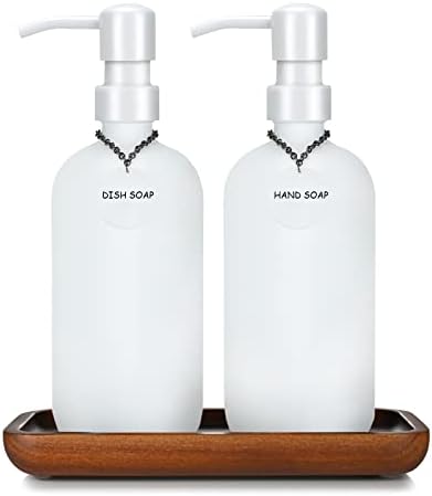 סט מתקן סבון של Feecho - מתקן סבון יד וסבון מזכוכית, עם מגש עץ משאבת נירוסטה ותוויות אטומות למים למטבח וחדר אמבטיה