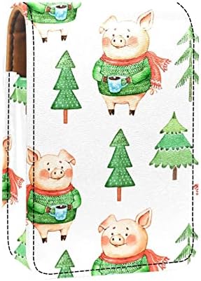 חמוד חזיר עם ירוק סוודר קפה עץ חג המולד שפתון מקרה עם מראה עבור ארנק נייד מיני איפור תיק נסיעות קוסמטי