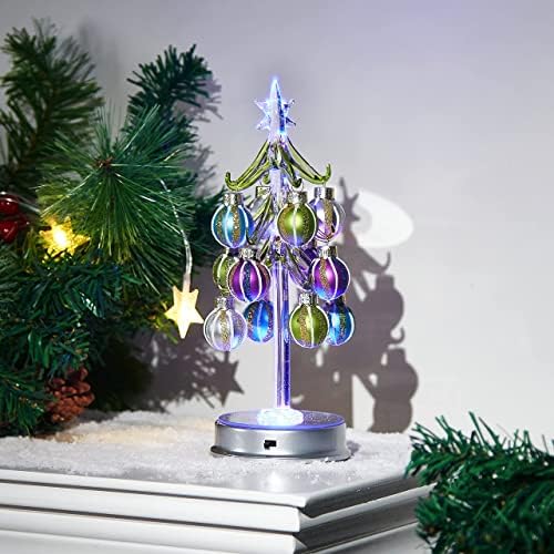 עץ חג המולד של זכוכית מוארת של Happyspot עם 12 קישוטים לכדור נוצץ זוהר בעץ חג המולד הכהה לדירה