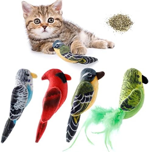 דורקיטן חתול ללעוס צעצוע בד 4 יחידות מציאותי כותנה פלאפי אינטראקטיבי מזויף ציפור רך מלאכותי חתול נושך צעצוע לגורים
