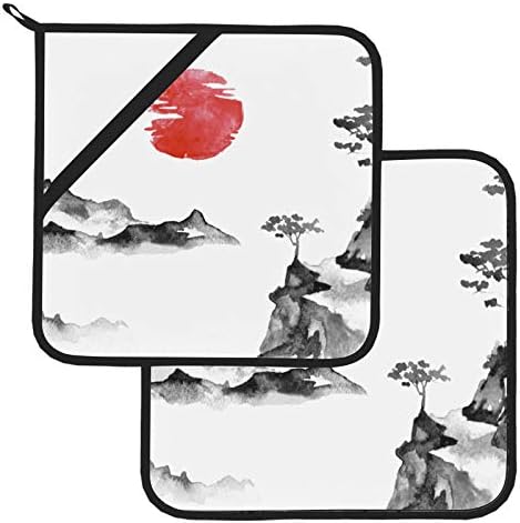 יפן מסורתית ציור מסורתית מציינת מגבות מטבח עם מחזיקי סיר עמידים בחום מחצלת 2 מחזיק סיר עם כיס 8 × 8 אינץ 'לבישול