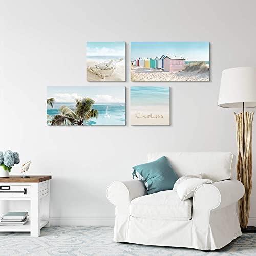 כפול עצי חוף בד קיר אמנות דקור: חדר שינה מודרני כחול אוקיינוס ים סצנת תמונה סלון טרופי חוף ים דקל הדפסת רגוע החוף