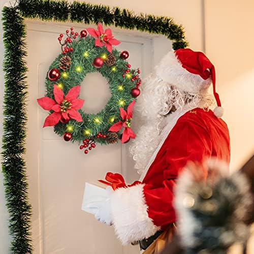 זר חג מולד בגודל 18 אינץ 'עם אורות, זר דלת הכניסה עיצוב קיר לחג המולד עם שלושה פרחים אדומים, אורן,