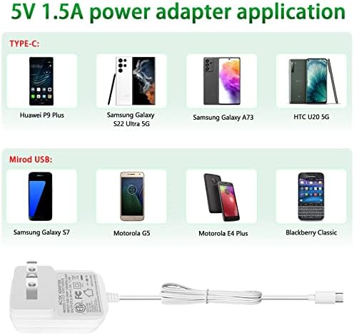 כבל חשמל של מטען 5V 1.5A עם מחבר DC Type-C ו- Micro USB, עבור טלפון חכם אנדרואיד DC 5VOLT, Kindle Fire, Tablet