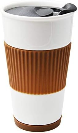 UDMG קרמיקה קיר כפול קיר מבודד כוס קפה עם מכסה מחוון, שרוול סיליקון ורכבת מובנית, 10 fl.oz