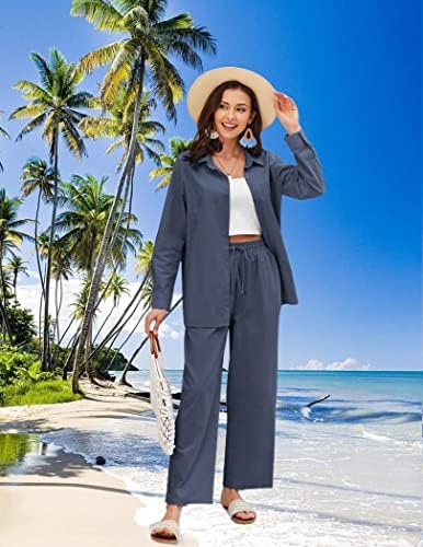 זאגו נשים 2 חתיכה פשתן סטי כפתור למטה פשתן חולצות קיץ רופף ארוך מכנסיים חופשת חוף תלבושות