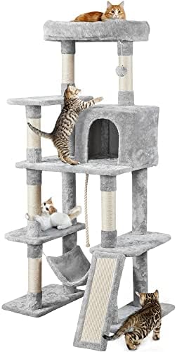 מגדל עץ החתול עם ערסל ושריטות, עץ חתול אפור בהיר עץ עם כדור צעצוע ריהוט כפול גדול מגדל עץ לחתולים לחתולים