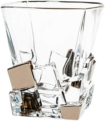 ברסקי - זכוכית באיכות אירופאית - קריסטל-סט של 6-בצורת ריבוע-כוסות מיושנות כפולות-דוף-11.7 עוז. - עם פלטינה