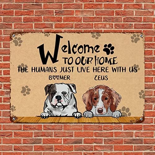 מותאם אישית כלבים שם ברוכים הבאים לבית שלנו את בני אדם כאן איתנו מצחיק כלב מתכת סימן שלט לחיות מחמד כלב דלת קולב