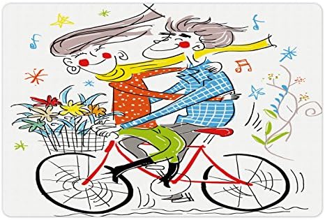מחצלת חיות מחמד צבעונית למזון ומים, ילד וילדה על אופניים עם פרחים ותווי מוזיקה תמונה בסגנון קריקטורה