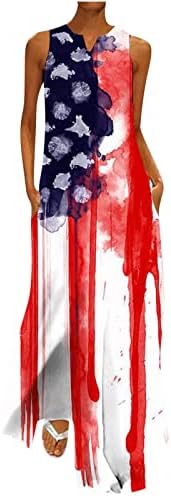 HGCCGDU 4 ביולי שמלת מקסי לנשים 2023 שמלת יום עצמאות שמלה ארוכה שמלת צוואר ללא שרוולים עם כיסים