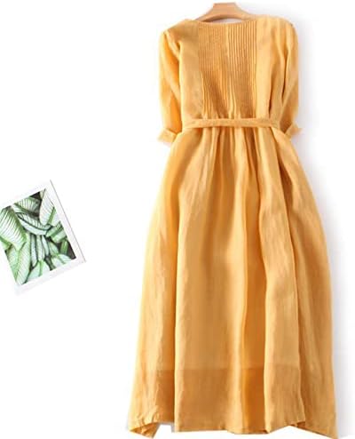 קיץ אופנה כותנה פשתן חולצה שמלות נשים דש חצי שרוול גבוהה מותן שרוך מוצק צבע דק ארוך שמלה