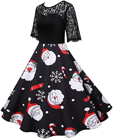 נשים של נדנדה שמלות תחרה שחבור צוואר קצר שרוולים בציר נשף מידי שמלת מסיבת חג המולד שמלת תה שמלה