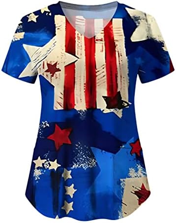 4 ביולי חולצות טי לנשים דגל ארה ב קיץ חולצת טי עם שרוול קצר עם 2 כיסים חולצה למעלה בגדי עבודה מזדמנים