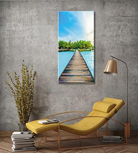 אמנות קיר בד חוף למסדרון, גשר רציף אנכי של פיי לתמונת האי הטרופית עם שמיים כחולים, הדפסים מרגיעים מודרניים יצירות
