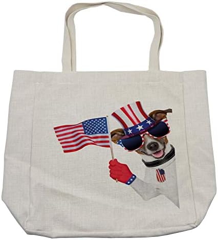 Ambesonne תיק קניות 4 ביולי, כלב גזע אמריקאי פטריוטי שחוגג עם כובע דגל ותג כלב של תהילה ישנה,